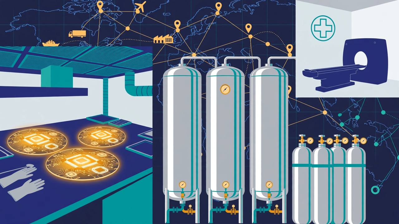 Editorial illustration of a semiconductor cleanroom, helium storage tanks and an MRI scanner; no real person is depicted