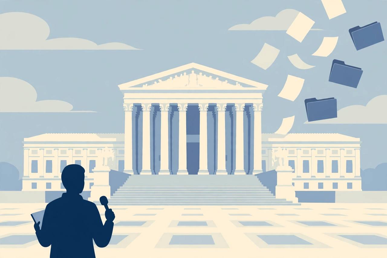 Editorial illustration of the US Supreme Court building with a silhouetted journalist holding a microphone and notebook, flat style, no real person