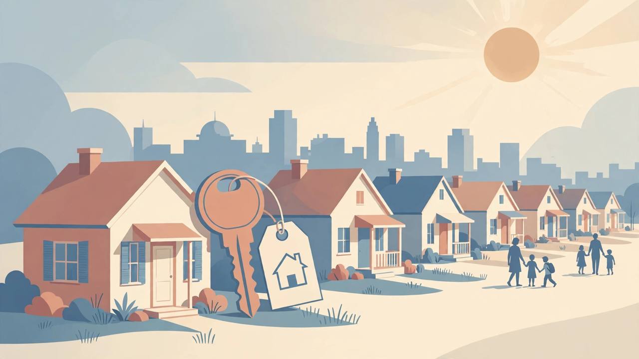 Editorial illustration of a row of American single-family homes with a large house key and home tag in the foreground and generic family silhouettes walking on the street, flat style, no text, no real people