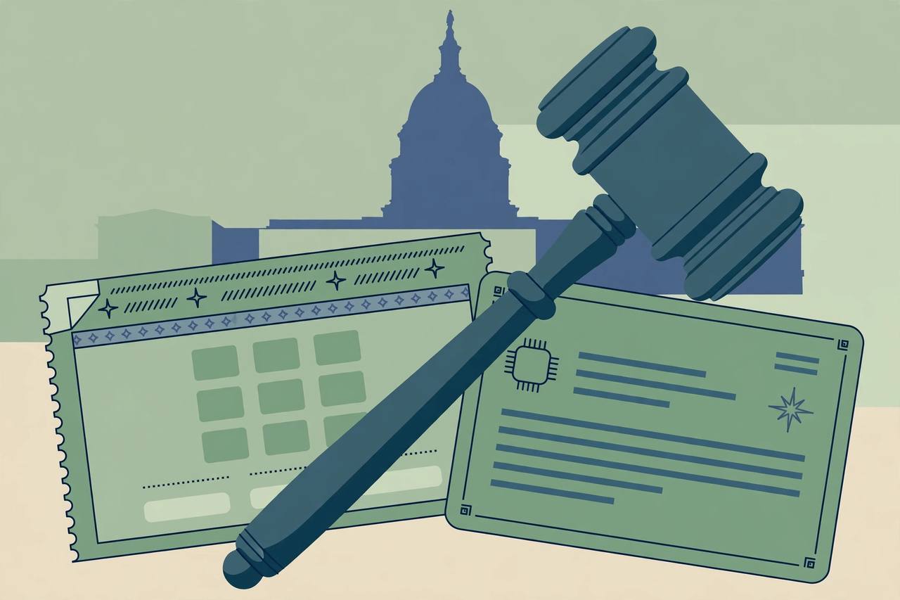Editorial illustration of a generic lottery ticket and card under a legislative gavel with a flat Capitol dome behind, no real person depicted
