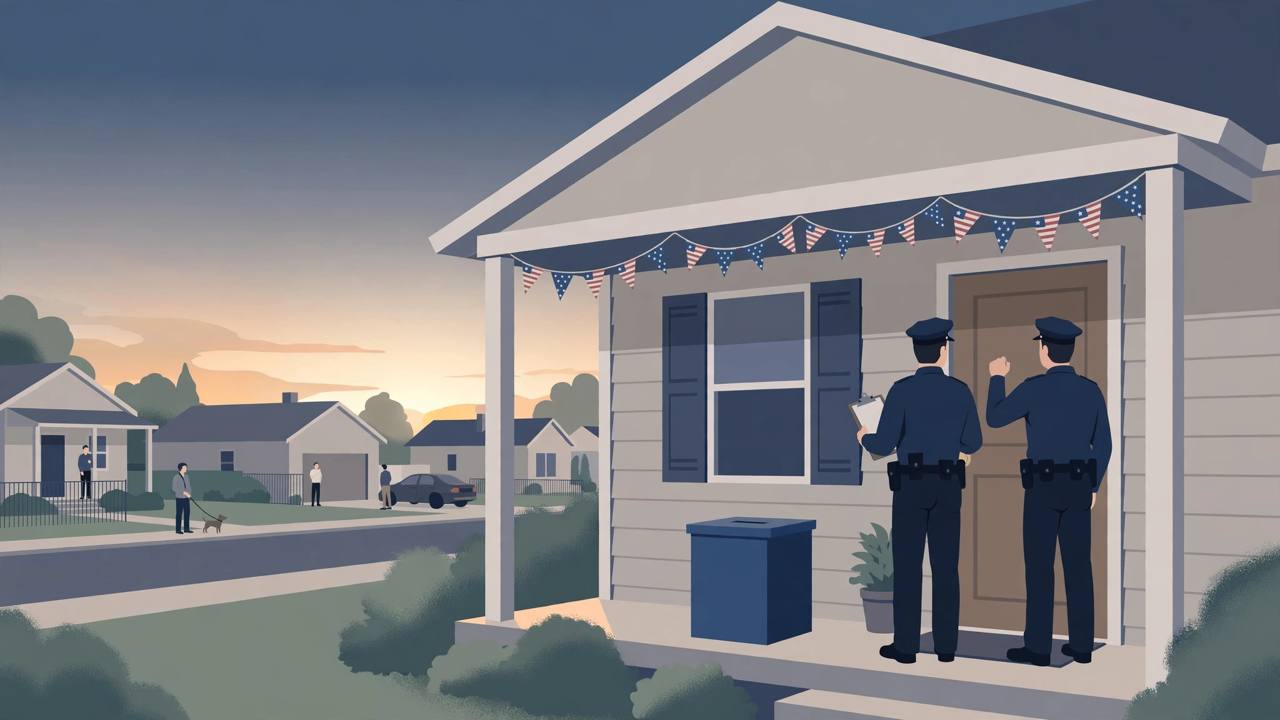 Editorial illustration of two generic uniformed federal agents knocking on the front door of a suburban American home at dawn, one holding a clipboard, with a ballot box on the porch
