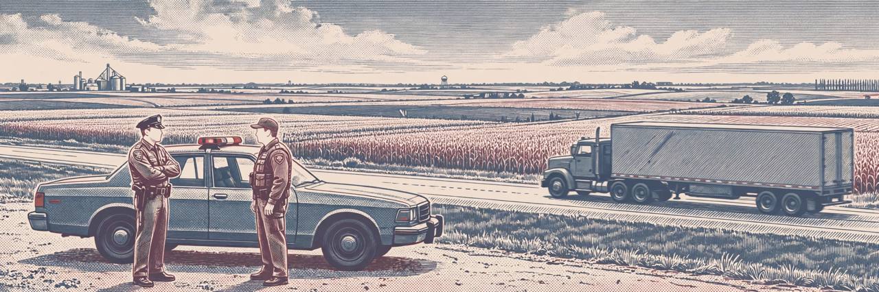 Editorial illustration of two generic police officers beside a patrol car on a rural American highway with a semi truck passing in the background