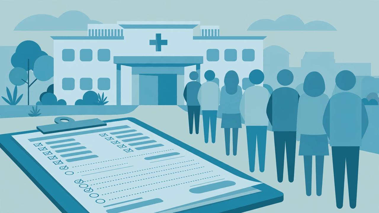 Editorial illustration of a hospital and medical claim forms with generic faceless figures in a queue, flat style, no text