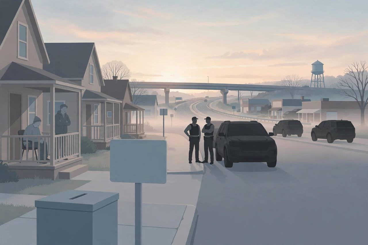 Editorial illustration of a New Jersey town street at dawn with generic federal agents beside unmarked SUVs, residents watching from porches and a ballot box in the foreground