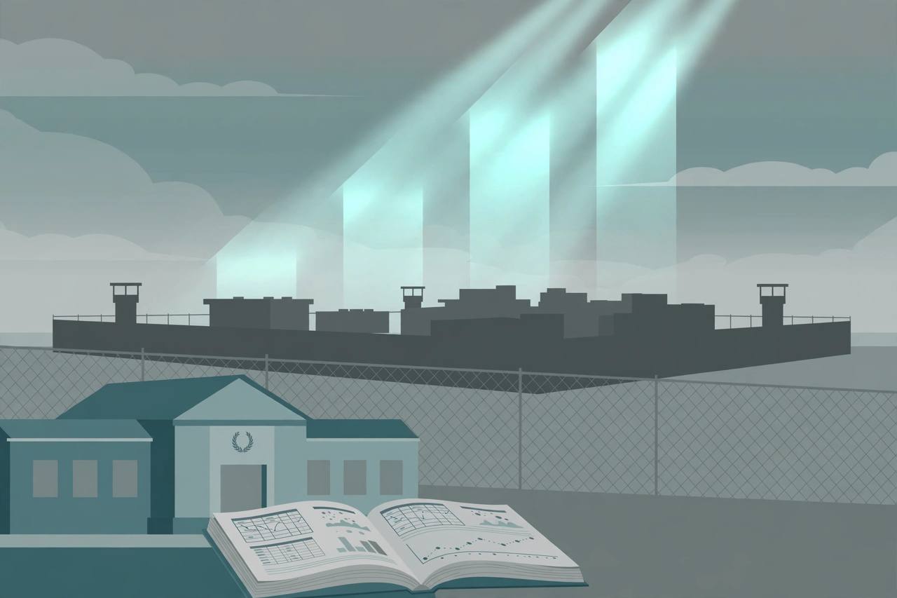 Editorial illustration of an immigration detention facility behind a fence at dawn, with rising light bars in the sky and an open research book in the foreground