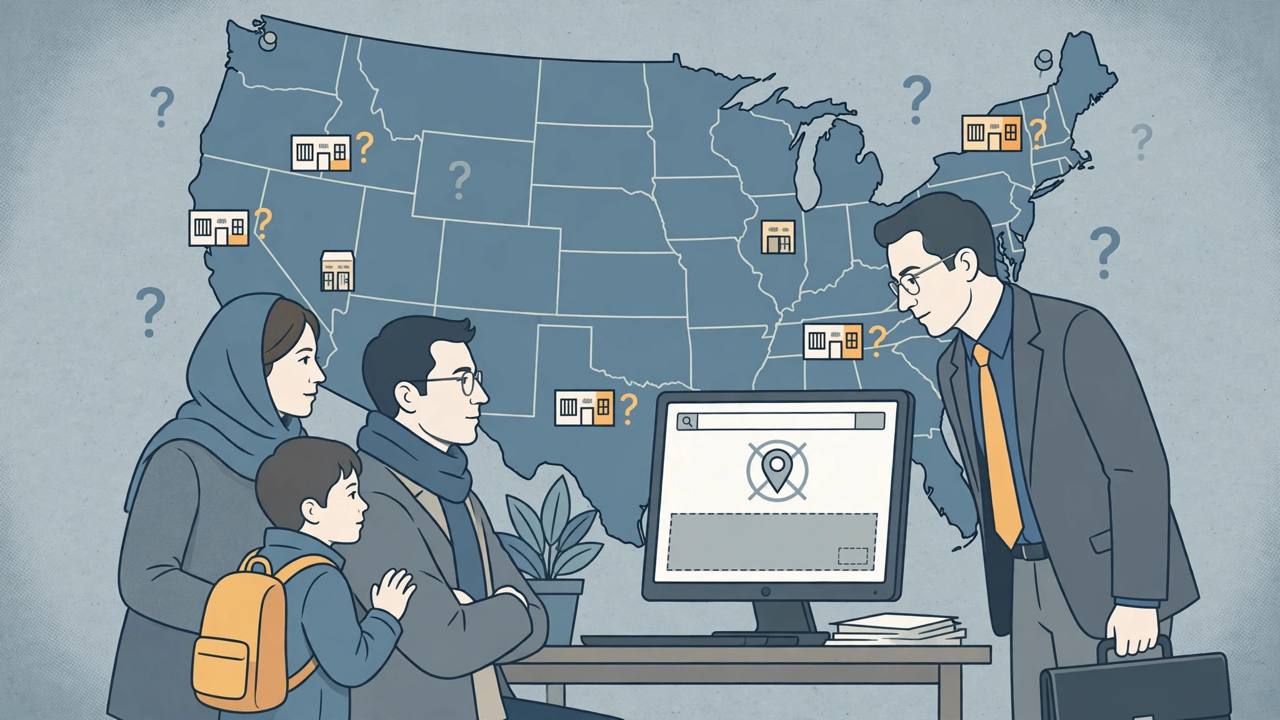 Editorial illustration of a generic immigrant family and a lawyer looking at a computer screen showing a blank detainee-locator result, in front of a United States map dotted with detention facilities and question marks