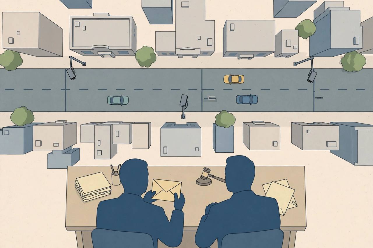 Editorial illustration of a city street seen from above with generic cars passing under pole-mounted license-plate reader cameras, and generic lawmakers at a desk holding a plain envelope — no real event photo and no real person's face is shown