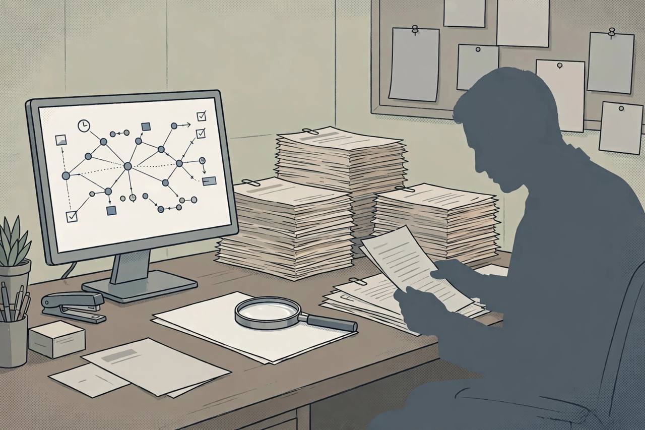 Editorial illustration of a generic office worker reviewing stacks of employment paperwork with a magnifying glass and a computer audit trail, flat style, no text, no real person depicted