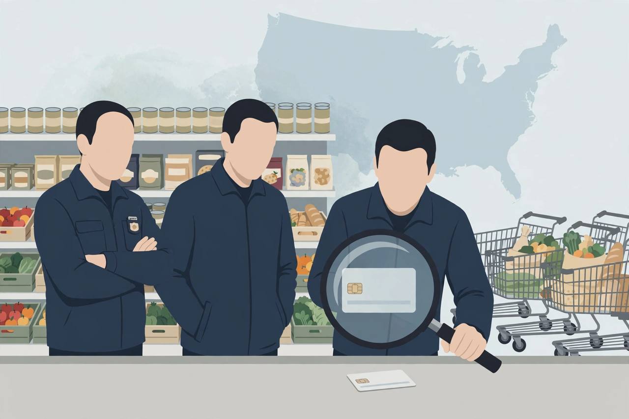 Editorial illustration of generic federal agents examining a food-benefits card under a magnifying glass in a grocery store
