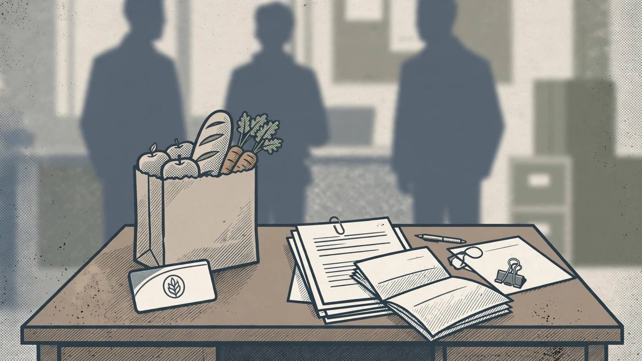 Editorial illustration of a generic federal desk with a benefit card, grocery bag and documents, flat style, no text, no real person depicted