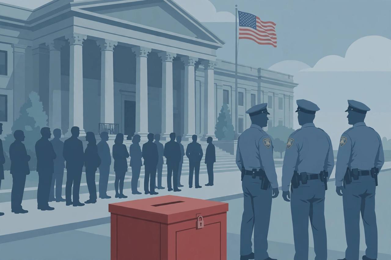 Editorial illustration of a US polling place with a ballot box in the foreground, generic law enforcement officers at a distance, voters in silhouette and courthouse columns behind