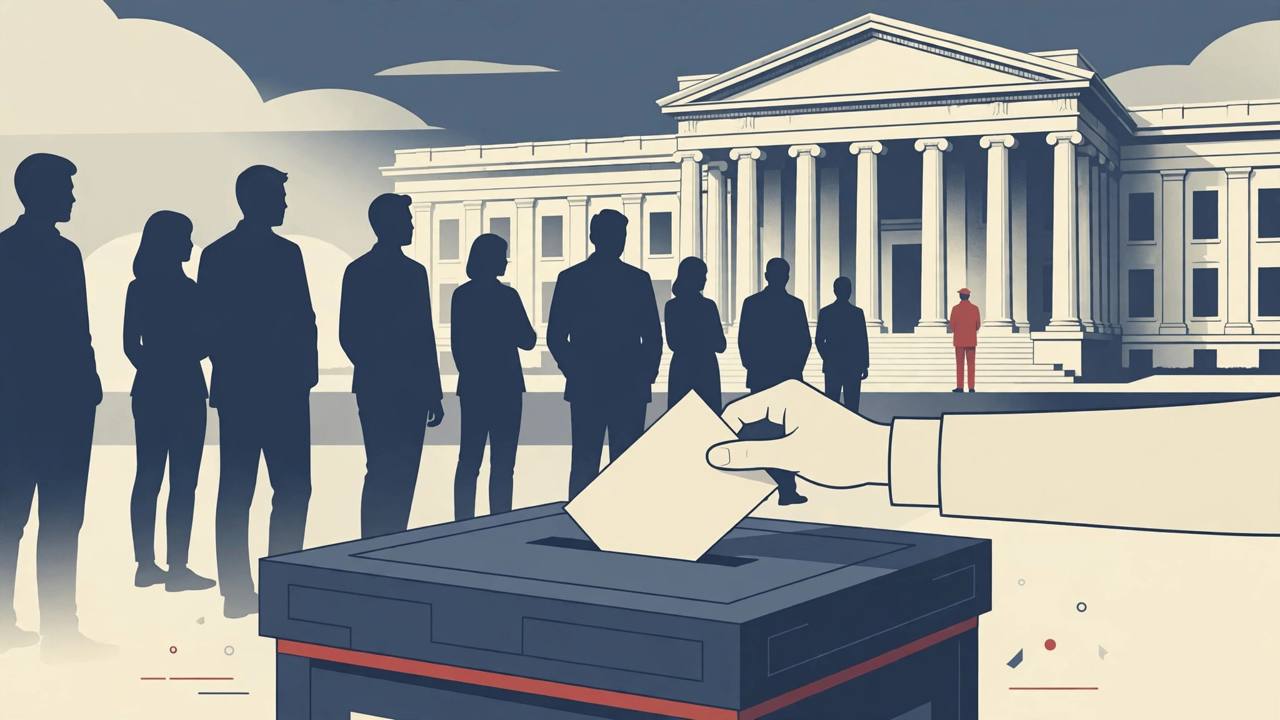 Editorial illustration of a ballot box and blank ballot card in front of a US courthouse with generic silhouetted voters, no real person's likeness