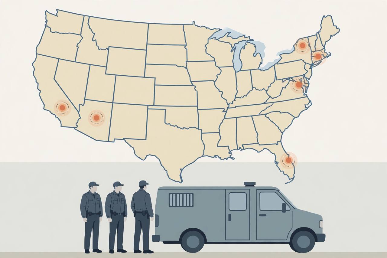 Editorial illustration of a stylized US map with five highlighted states and generic federal enforcement officers beside a van