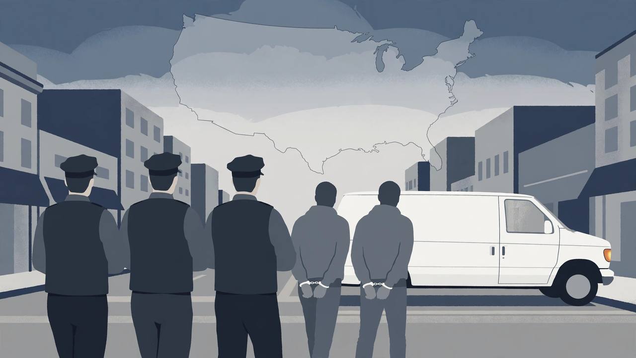 Editorial illustration of generic federal officers seen from behind escorting handcuffed figures to an unmarked white van on a city street, with a faint United States map outline in the sky