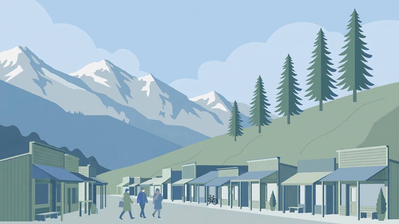 Editorial illustration of a small Idaho mountain town with pine trees of rising height suggesting a data trend