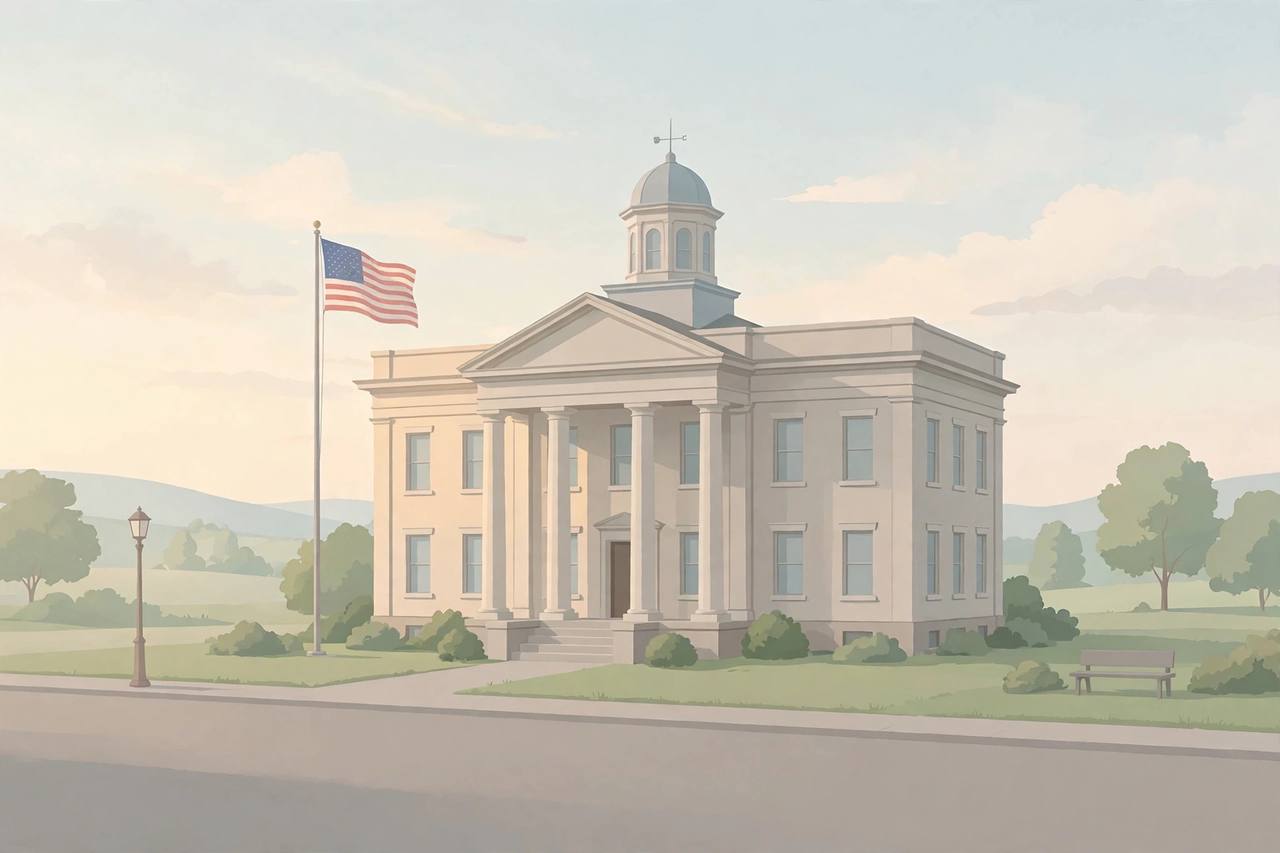Editorial illustration of a quiet small-town county courthouse with columns and a flagpole, an empty street in front and no people — no real event photo and no real person's face is shown