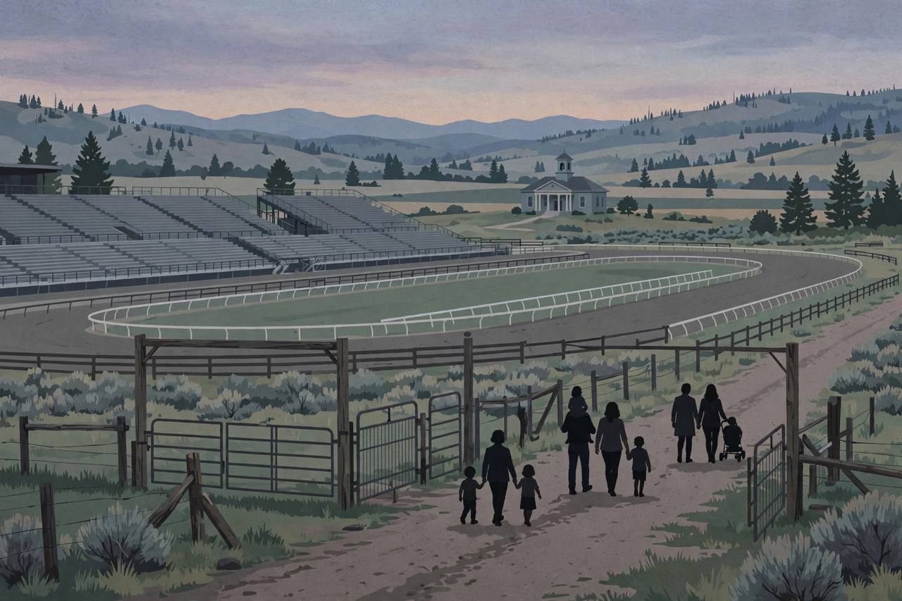 Editorial illustration of a rural Idaho racetrack and a distant courthouse at dusk