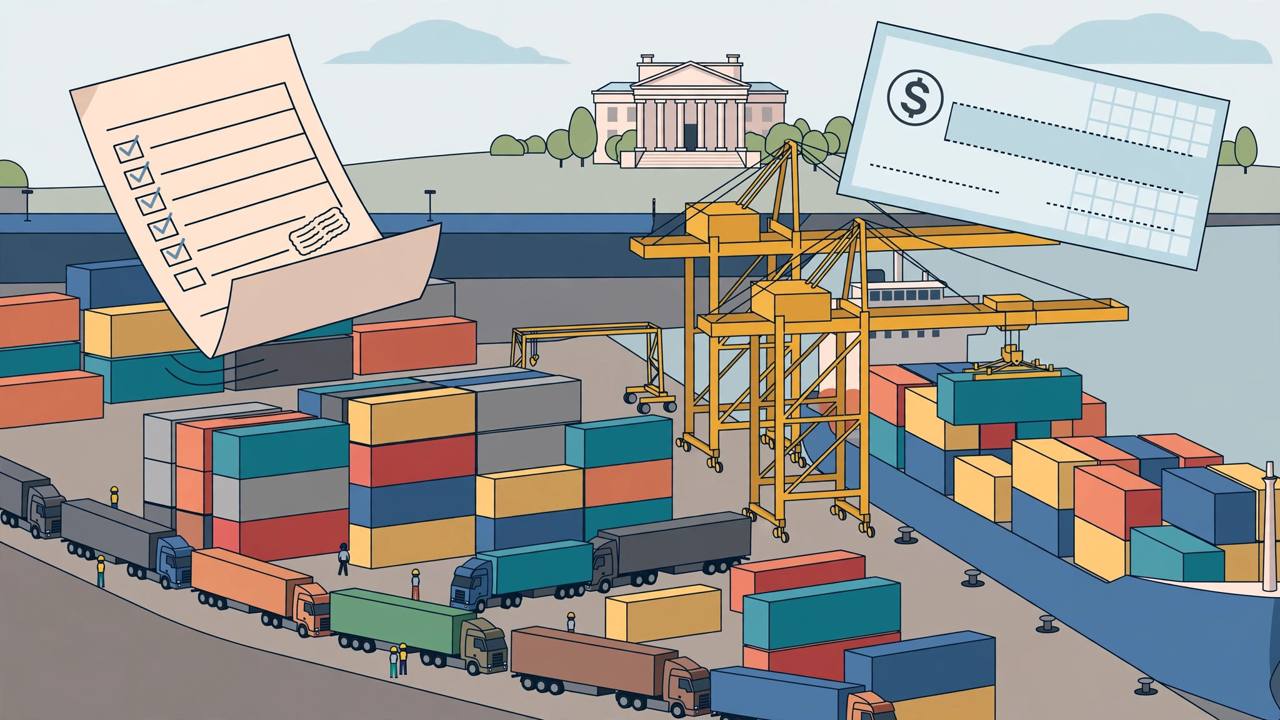 Editorial illustration of a container port with stacked shipping containers, a gantry crane, semi-trucks and oversized customs paperwork symbolising tariff refunds