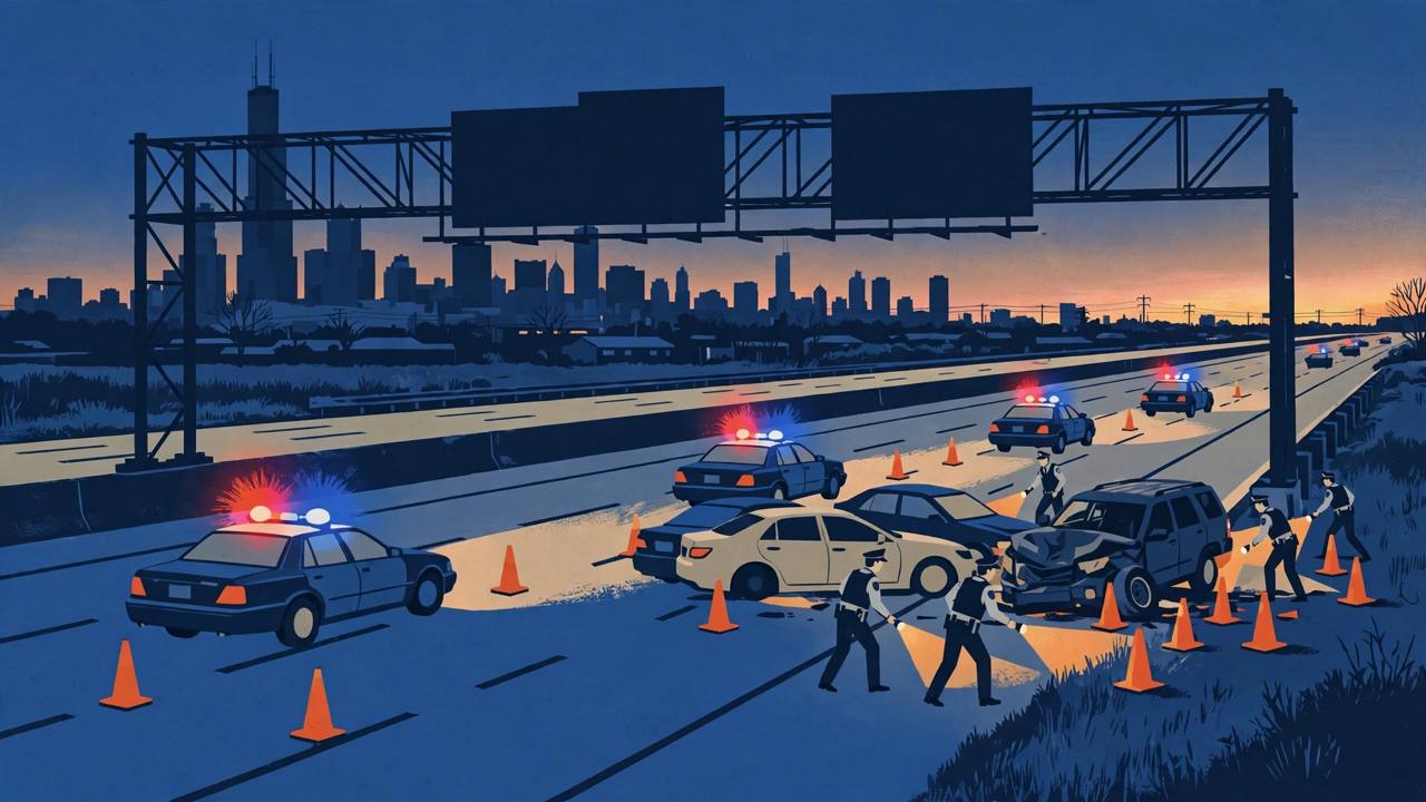 Editorial illustration of a pre-dawn police pursuit ending on the Eisenhower Expressway near Chicago's western suburbs, with stopped stolen vehicles and officers searching