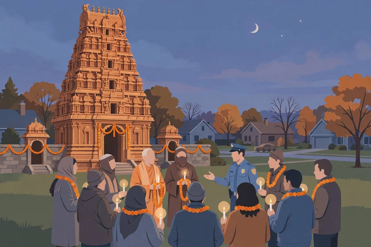 Editorial illustration of a South Indian style Hindu temple with a tiered gopuram at dusk in suburban Illinois, with community members holding candles and marigold garlands speaking with a police officer, representing stepped-up security at places of worship after the foiled Aurora temple attack