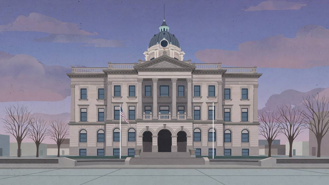 Editorial illustration of a county courthouse in Bloomington, Illinois at dusk with stone steps, columns and a still American flag, in muted respectful colours