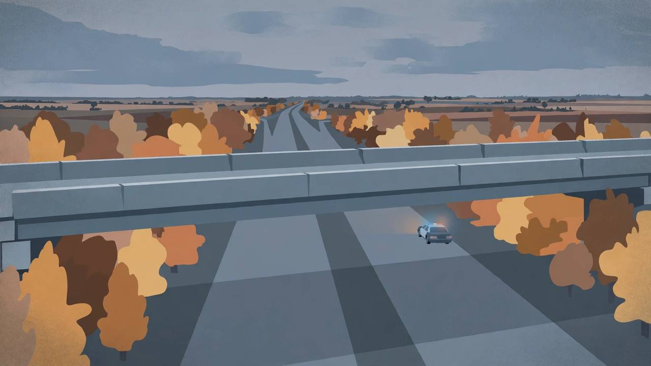 Editorial illustration of an empty Midwest highway overpass at dusk with a distant police car, flat style, no person or incident depicted