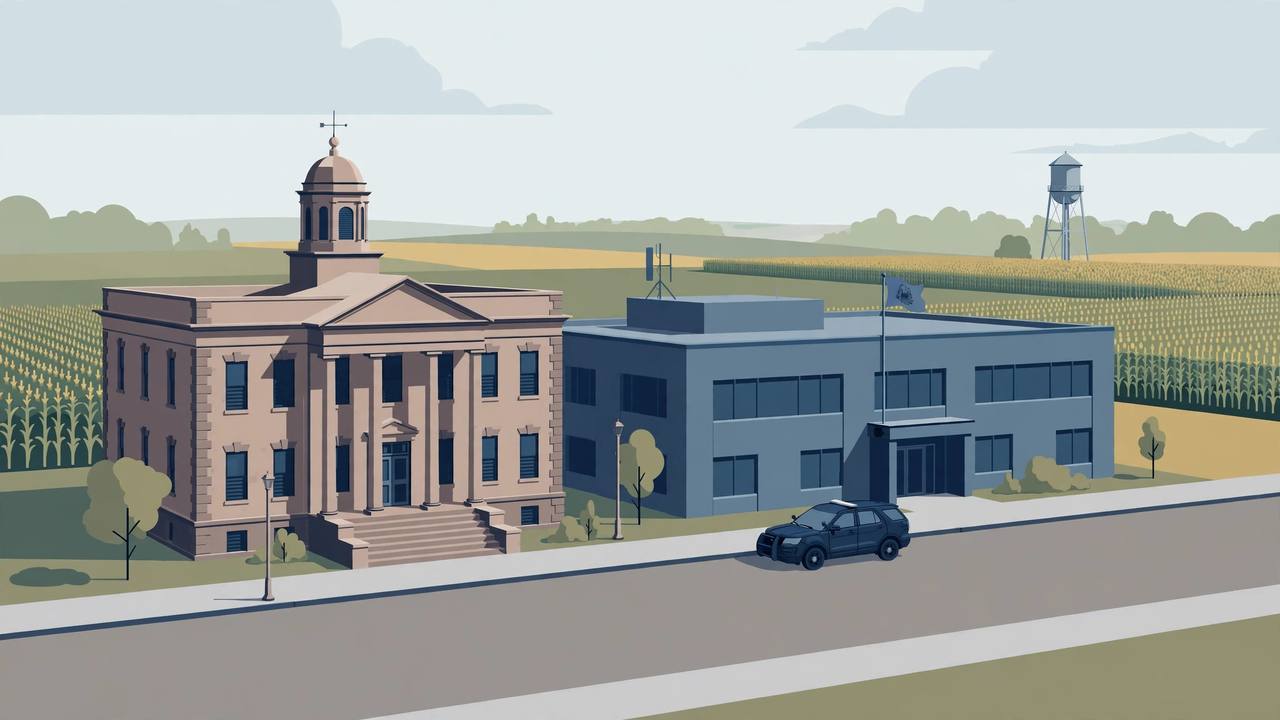 Editorial illustration of an Illinois county courthouse and a state police building on a quiet small-town street with cornfields behind