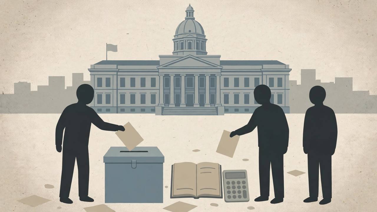 Editorial illustration of a generic city hall and ballot box with silhouetted voters and a ledger, flat style, no text, no real person depicted