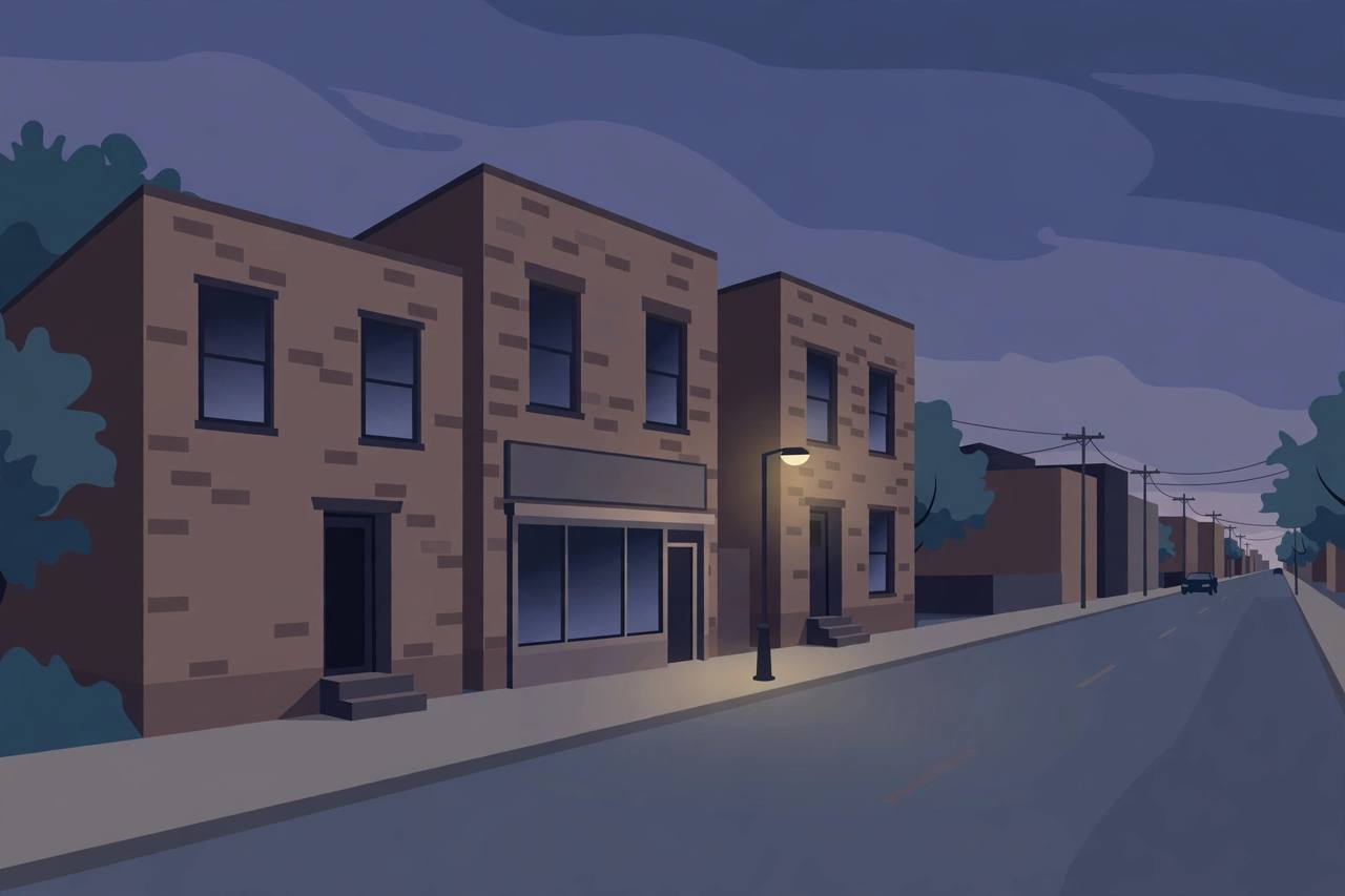 Editorial illustration of a quiet Chicago Bridgeport street in the evening with brick two-flat buildings and a blank shopfront, flat style, no people, no text and no real person's face