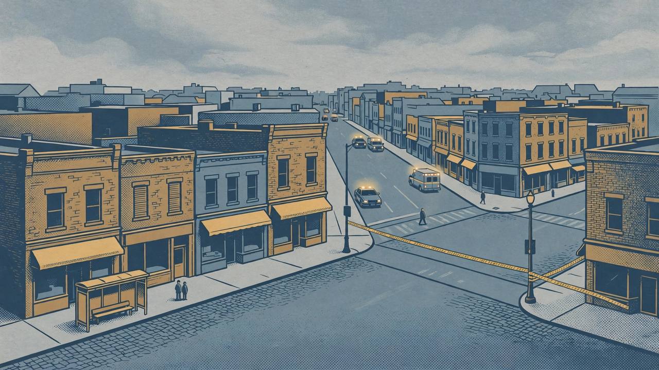 Editorial illustration of a Chicago Southwest Side intersection on a grey morning, with a patrol car, an ambulance in the distance and police tape across a side street