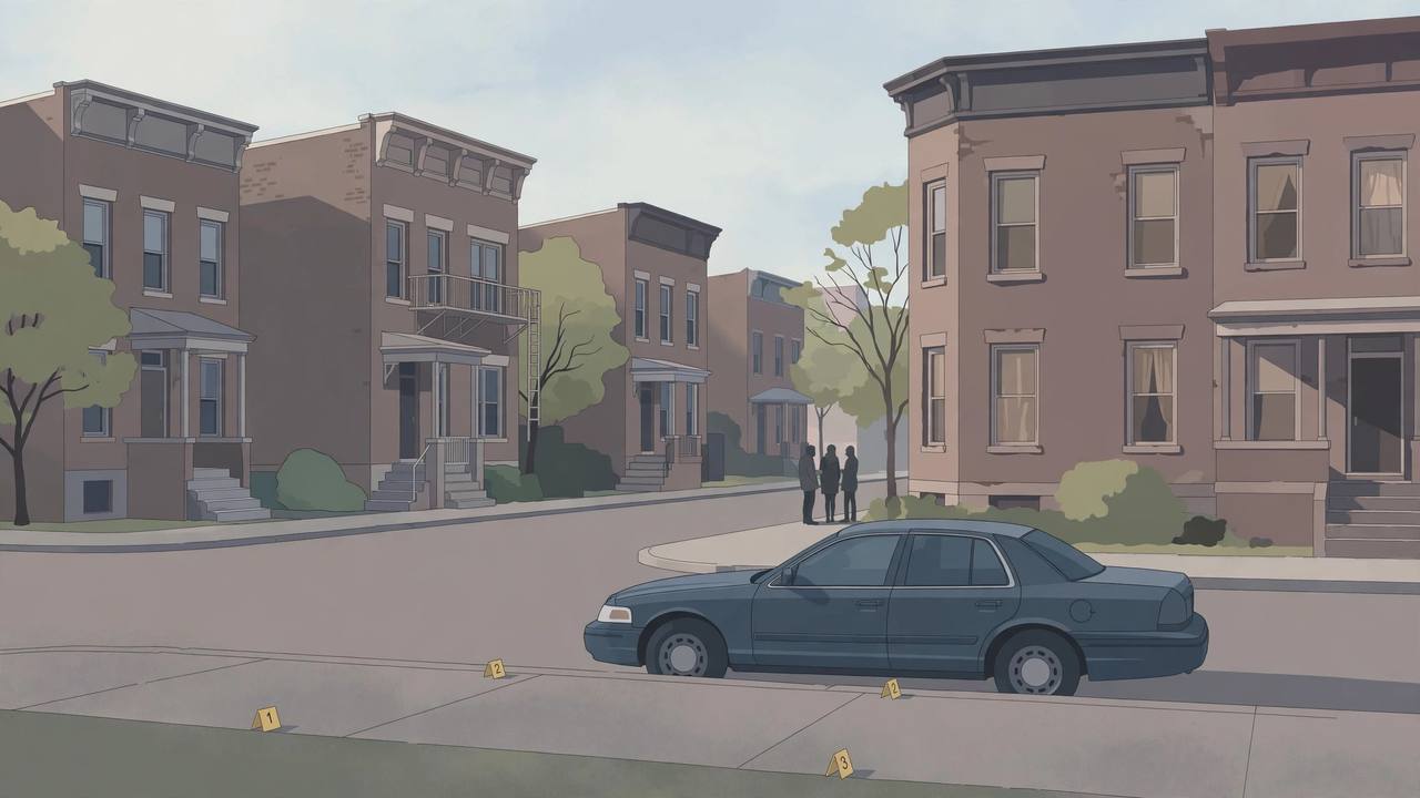 Editorial illustration of a quiet Chicago West Side street with brick two-flat buildings, an unmarked detective car at the curb and small evidence markers on the sidewalk; generic figures only, no real person's face, no weapon or violence depicted