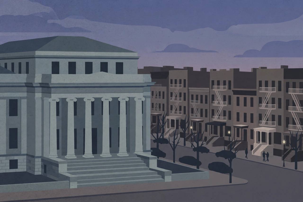 Editorial illustration of a Chicago courthouse and a quiet South Side residential street at dusk, flat style, somber tones, no incident depicted, no people identified