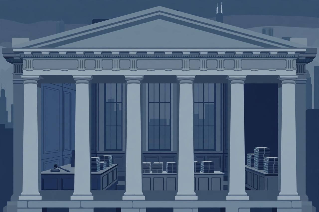 Editorial illustration of a courthouse exterior and an empty courtroom bench in Chicago, Illinois