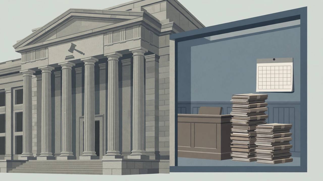 Editorial illustration of a courthouse exterior with columns and a gavel, an empty courtroom bench and tall stacks of case files, no people depicted