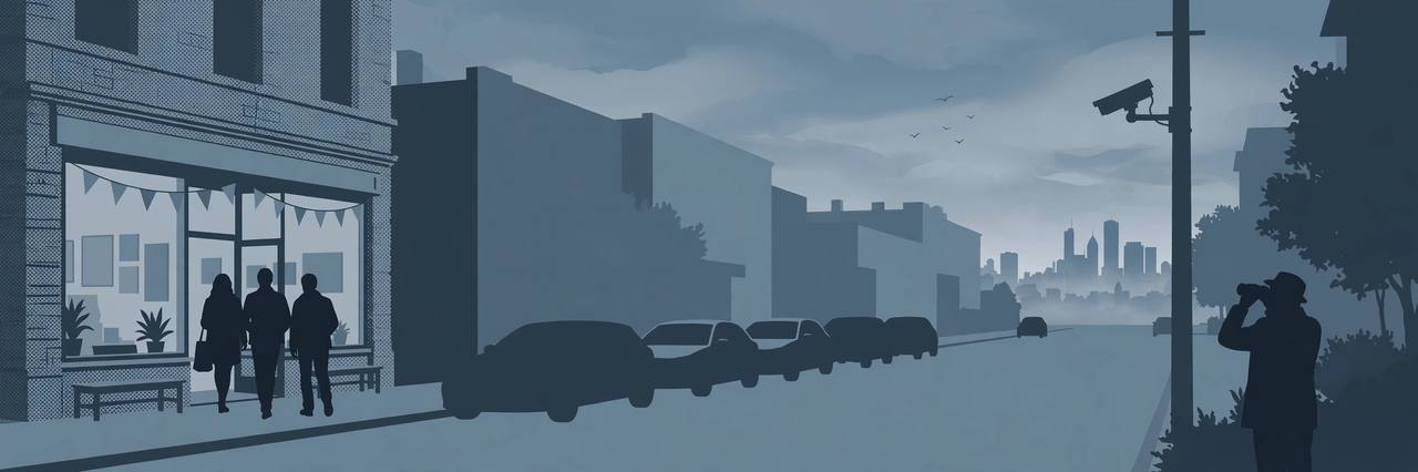 Editorial illustration of a Chicago gallery storefront at dusk with generic silhouettes entering, parked cars, a pole surveillance camera and a silhouetted figure with binoculars across the street
