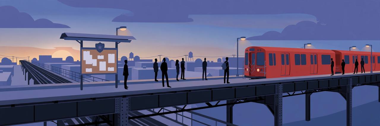 Editorial illustration of a Chicago Red Line station platform at dusk, flat style, no real person depicted