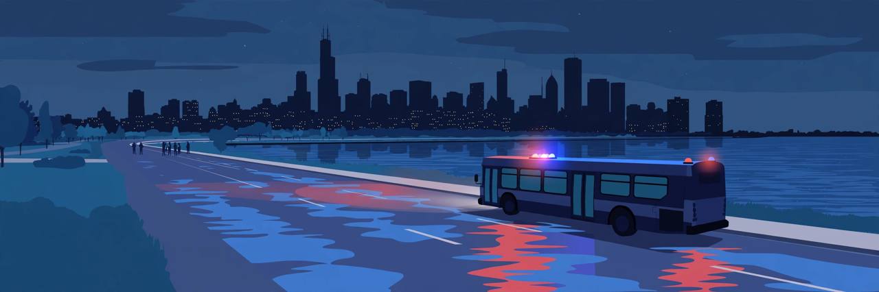 Editorial illustration of a city transit bus stopped at night on a wide lakefront drive in Chicago with emergency lights, flat style, no real person