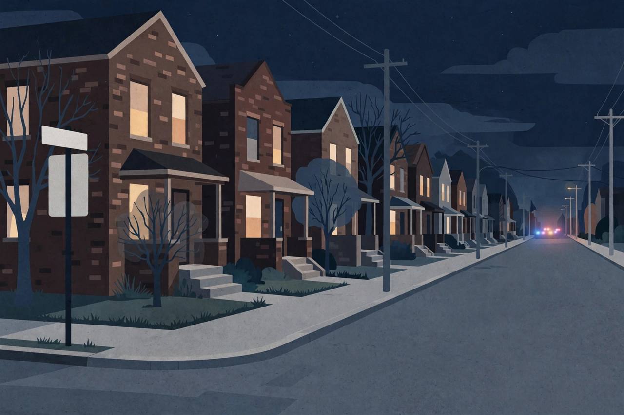 Editorial illustration of a quiet residential street corner on Chicago's South Side at night with a distant glow of emergency lights, flat style, no people, no text and no real person's face