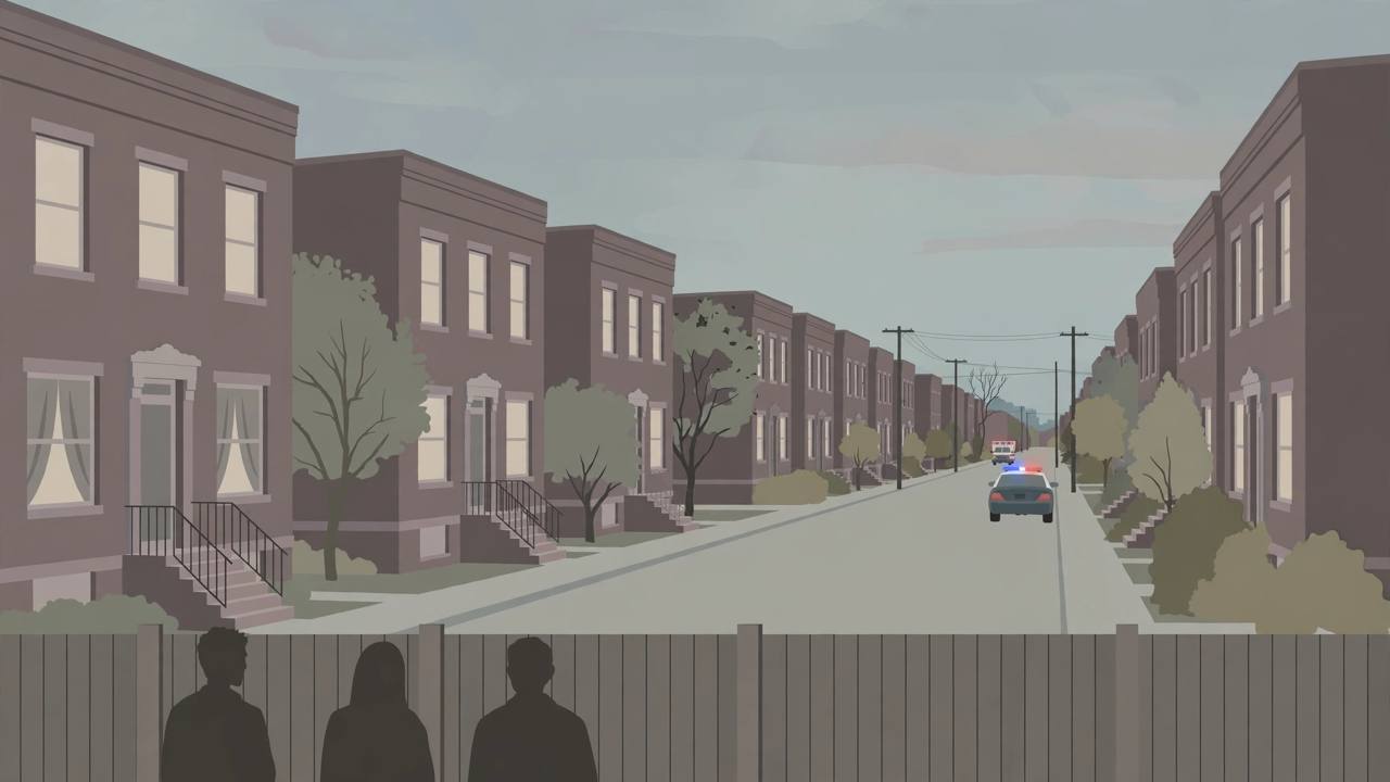 Editorial illustration of a quiet Chicago residential street of brick two-flat buildings with a police car and an ambulance in the distance and neighbours watching from behind a fence, flat style, the shooting itself is not depicted