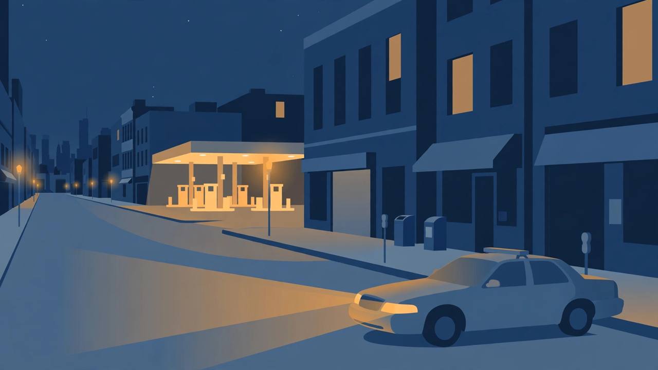 Editorial illustration of a quiet city gas station at night with a generic police car — flat style, no people depicted