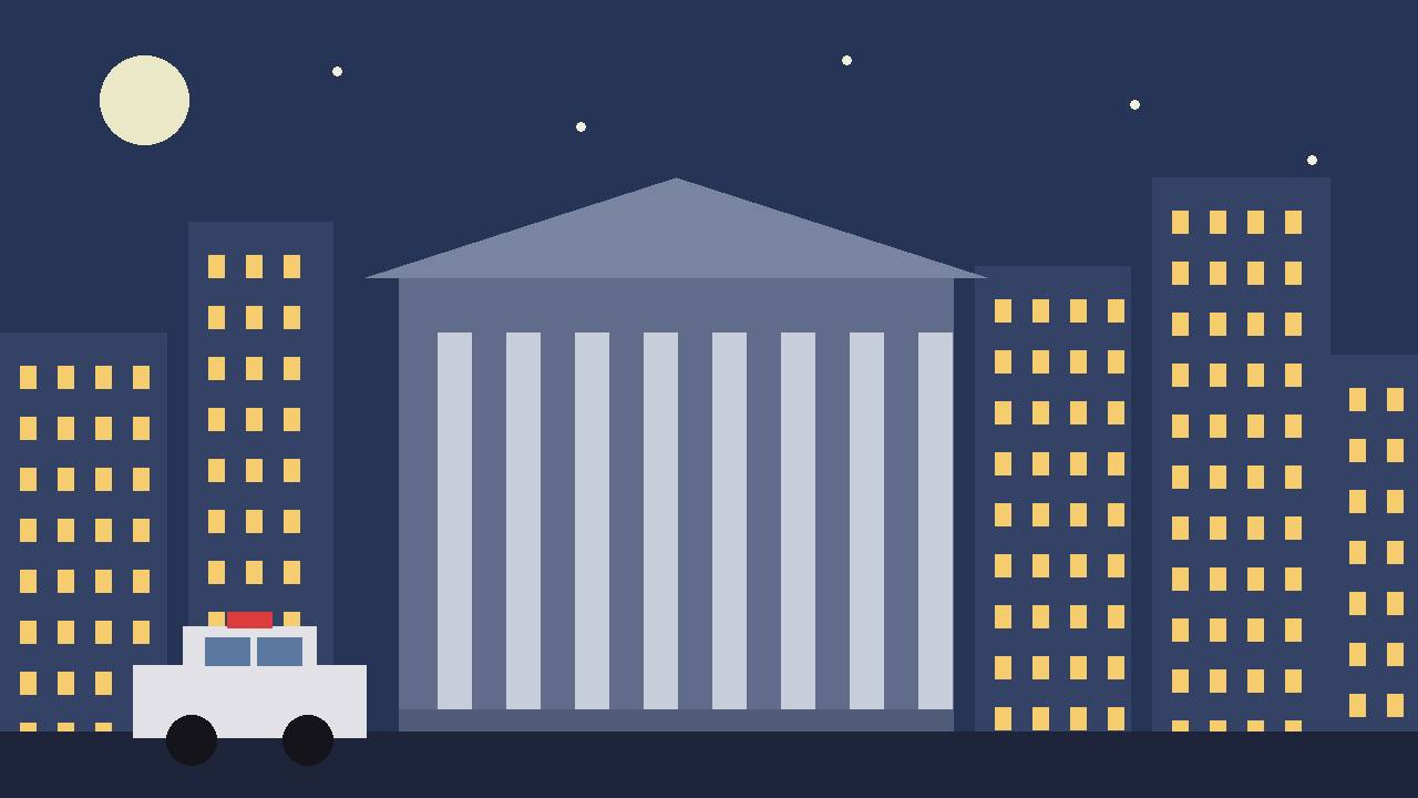 Editorial illustration of a generic downtown federal building with columns at night and a generic police car, flat style, no text, no real person depicted
