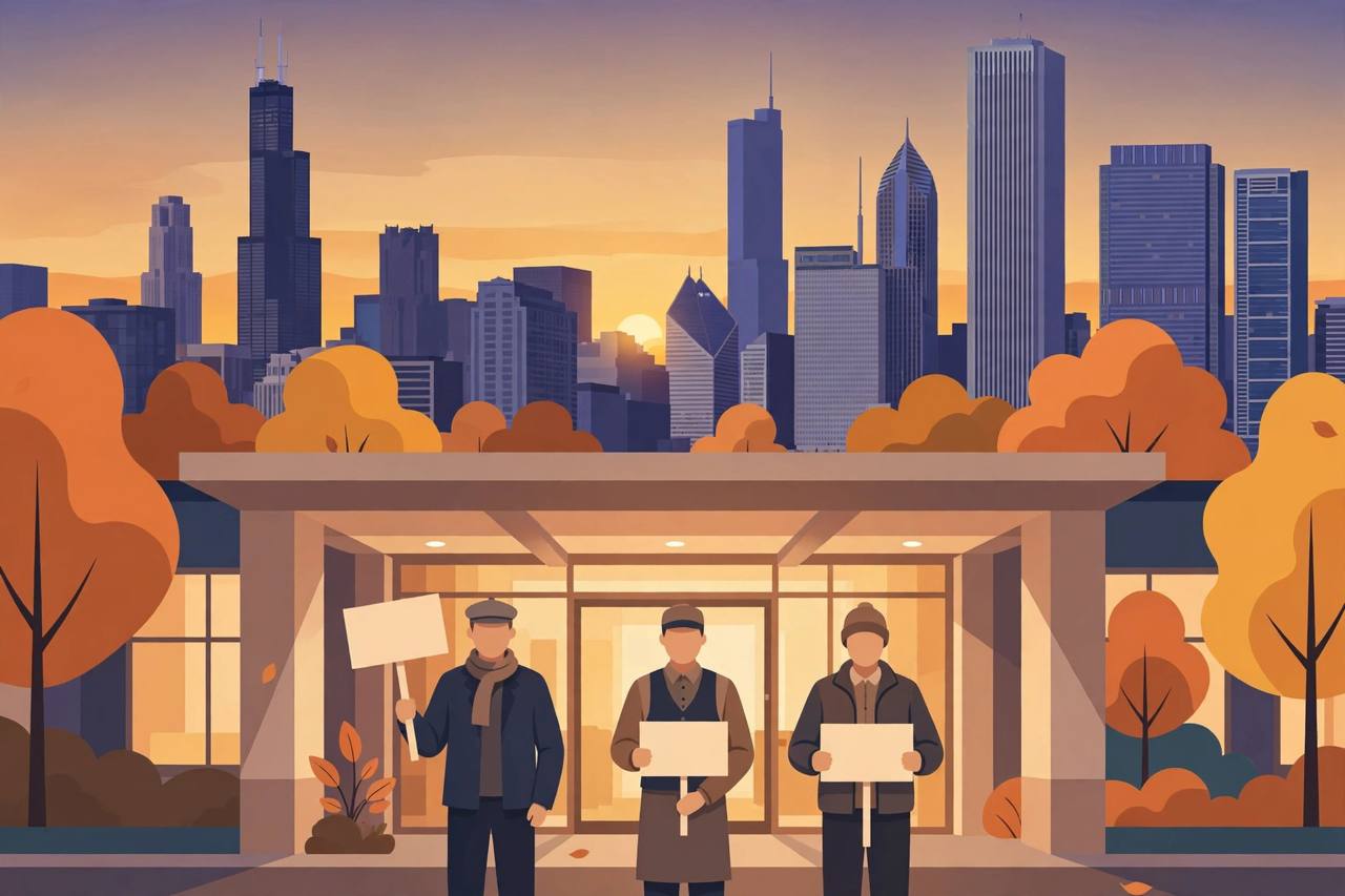 Editorial illustration of generic hotel workers with blank picket signs in front of a large generic downtown Chicago hotel, flat style, no real person or hotel depicted