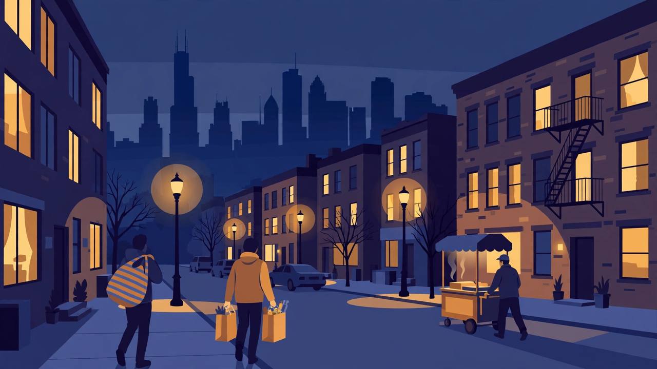 Editorial illustration of generic residents carrying laundry and groceries on a Chicago street at night, flat style, no text, no real person depicted