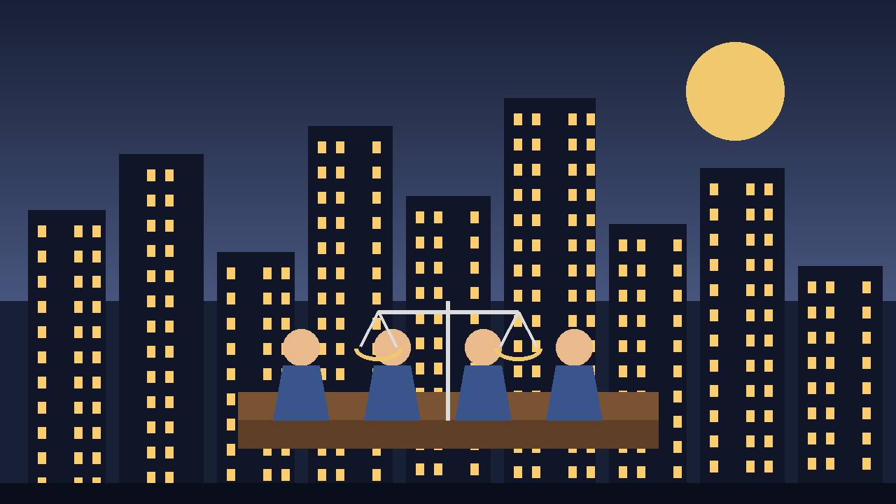 Editorial illustration of the Chicago skyline at dusk with generic city council figures seated at a table and a scales-of-justice motif, flat style