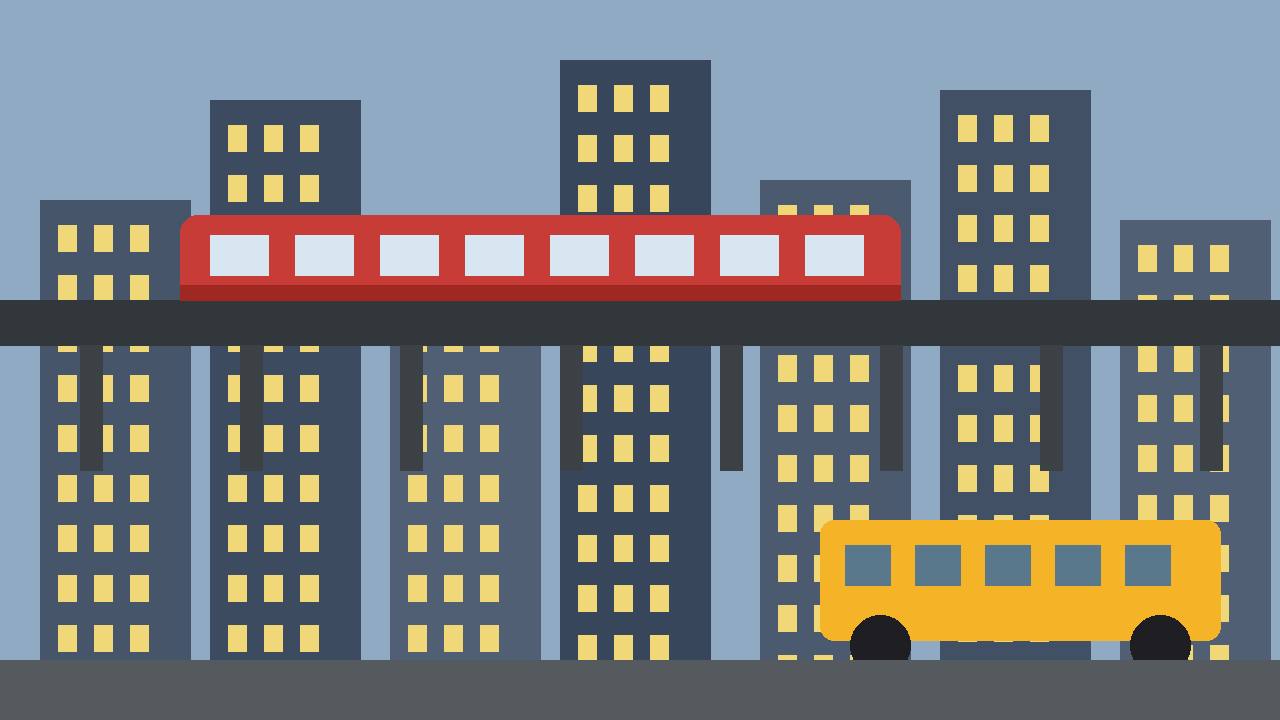 Editorial illustration of a Chicago elevated Loop train above a skyline with a shuttle bus below