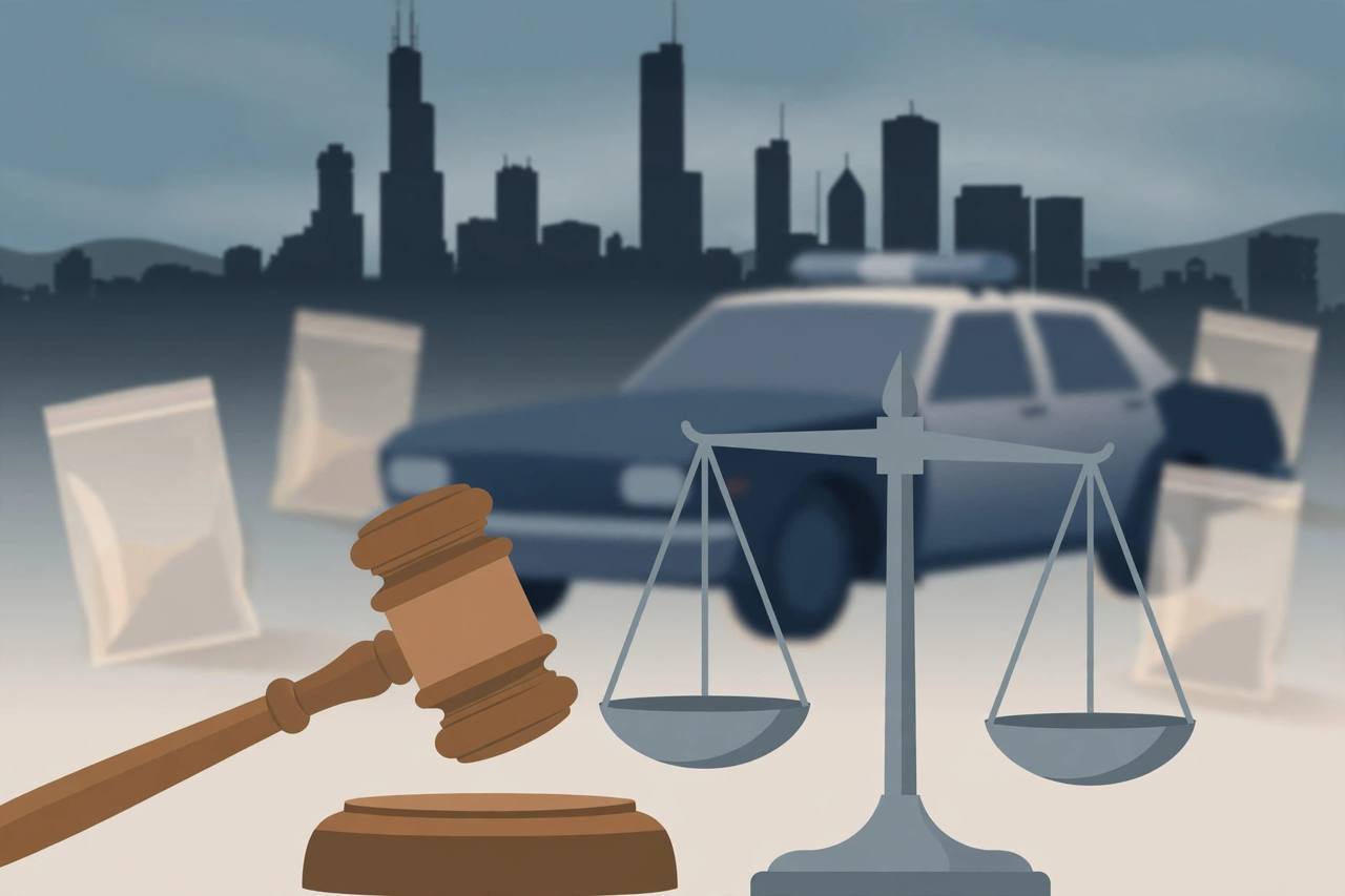 Editorial illustration of a federal courtroom gavel and scales of justice with the Chicago skyline behind