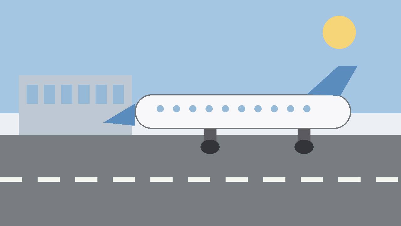 Editorial illustration of a generic large passenger jet on an airport runway with a generic terminal behind, flat style, no airline branding, no people, no text, no real aircraft depicted