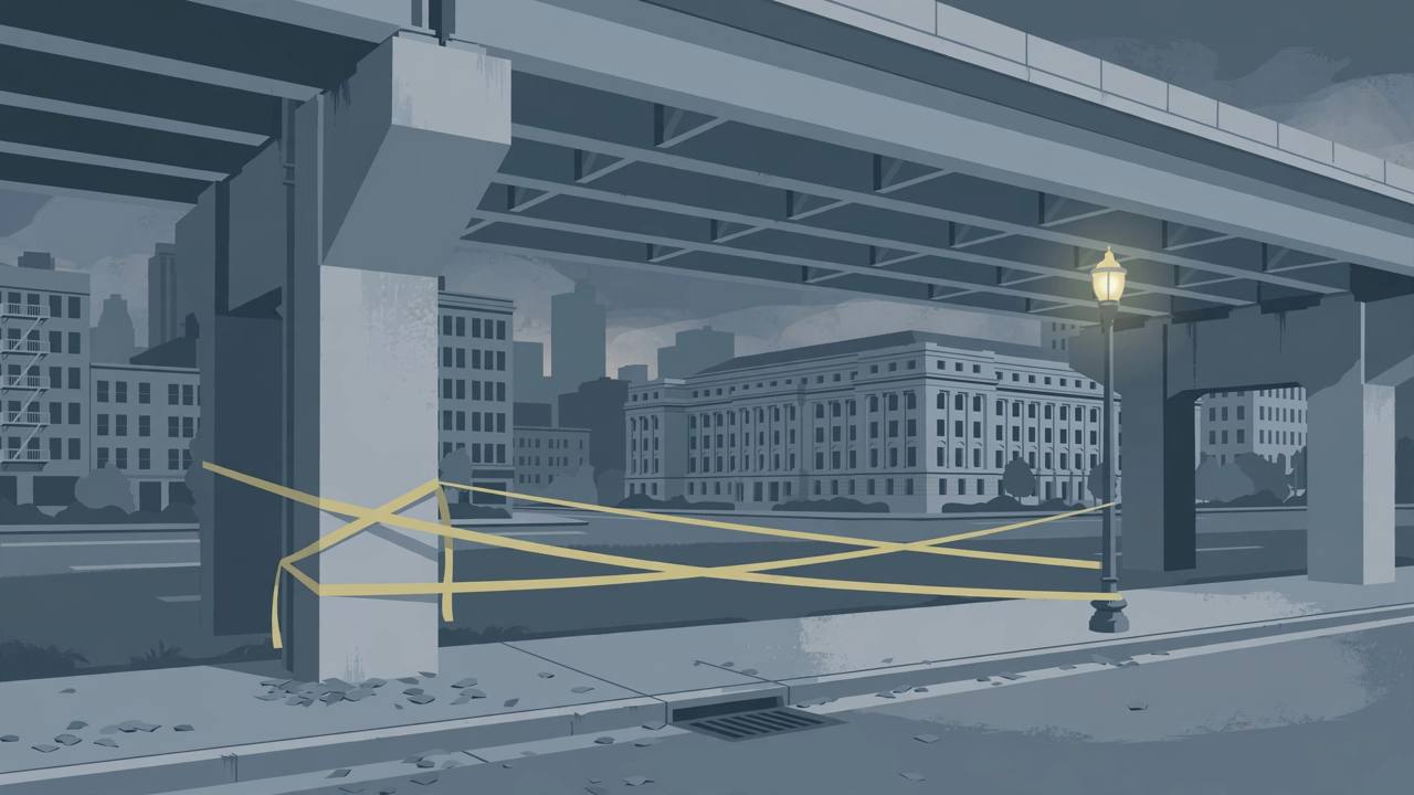 Editorial illustration of a quiet Chicago street corner at dusk beneath an expressway ramp with police tape across an empty sidewalk and a streetlamp glowing