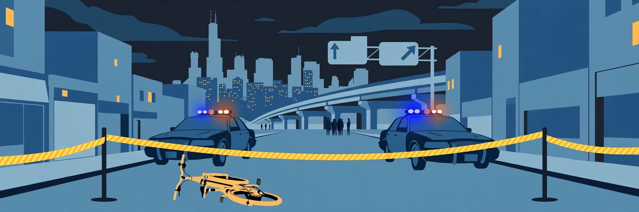 Editorial illustration of a Chicago street closed with yellow police tape at night, two patrol cars with flashing lights, an electric bicycle on the road, an expressway ramp and the downtown skyline behind, flat style, no people in the foreground, no text