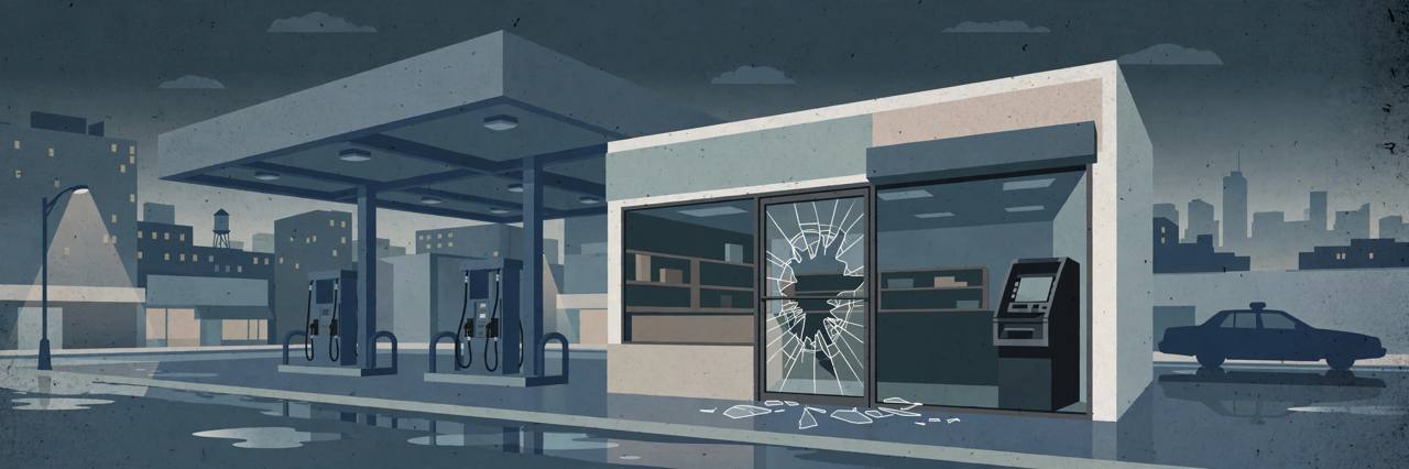 Editorial illustration of a Chicago gas station at night with a damaged glass entrance